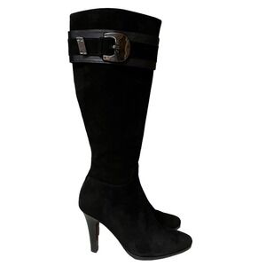 Cole Haan Boots Women Sz 5B Nicole Suede Black Leather Buckle Heeled‎ Tall Boots